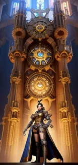 Steampunk warrior in a gothic clock tower setting, vibrant and detailed.