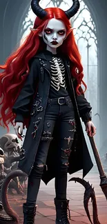 Gothic demon girl with red hair in a skeleton-themed fantasy setting.