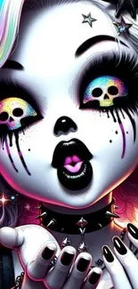 Gothic fantasy doll with vibrant colors and skull motifs on mobile wallpaper.