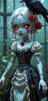 A gothic fantasy doll with red eyes and a crow perched on her shoulder.