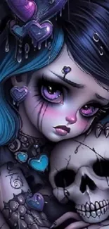 Gothic fantasy girl hugging skull in anime style wallpaper.