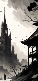 Gothic fantasy landscape with spire and pagoda.
