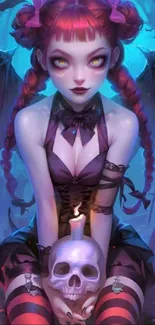 Gothic fantasy character with red hair and a skull.