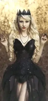 Gothic figure in a dark, mystical forest setting with elegant attire.