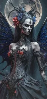 Gothic fairy with dark wings in moonlit setting, featuring mystical elements.