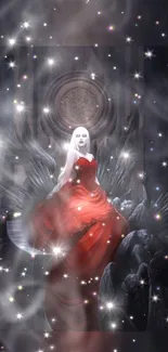 Gothic fantasy scene with red gown and mystical elements for mobile wallpaper.