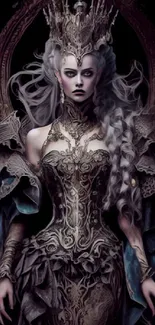 Gothic queen in ornate dress and crown, dark fantasy style.