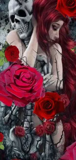 Gothic art of a woman with roses and skeleton, mysterious and vibrant.