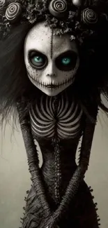 Gothic skeleton character with bright blue eyes in a dark fantasy setting.