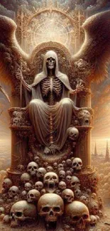 Gothic wallpaper of a skeleton sitting on a skull throne.