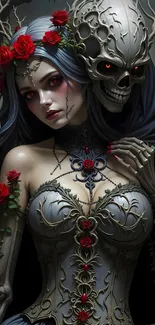 Gothic artwork featuring a skull and floral designs in a dark fantasy setting.