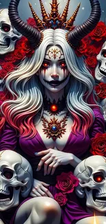 Gothic fantasy art featuring a skull queen with roses and skulls.