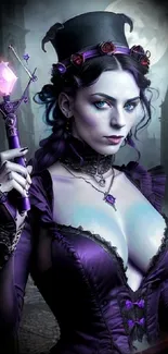 Gothic sorceress in purple attire with a magical staff in a moonlit backdrop.