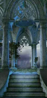 Gothic fantasy staircase with arches and vines in ethereal setting.