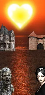 Gothic fantasy scene at sunset with eerie castles and glowing heart.