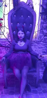 Woman in gothic attire on a decorated throne with purple lighting.