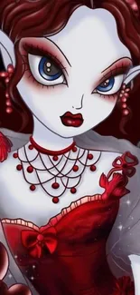 Gothic fantasy vampire with red dress and intricate details.