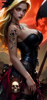 Gothic warrior woman with tattoo and axe in fiery backdrop.