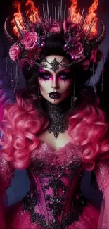 Gothic figure with flaming crown and vibrant pink wings in fantasy art style.