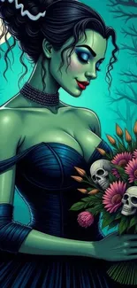 Gothic fantasy woman with skulls and flowers in a turquoise background