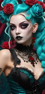 Gothic woman with teal hair and red roses.