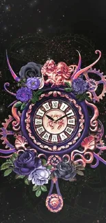 Gothic floral clock with purple roses and cherubs on a black background.