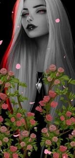 Gothic woman with grey hair and roses, digital artwork.