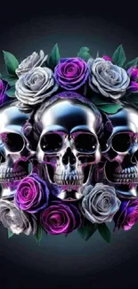 Gothic floral skull wallpaper with purple roses.