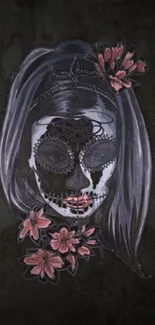 Gothic skull art with pink flowers on charcoal background.