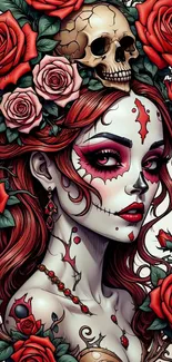 Gothic art featuring a woman with floral skull elements and red roses.