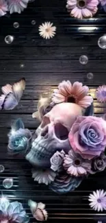 Gothic floral skull wallpaper with pastel flowers.