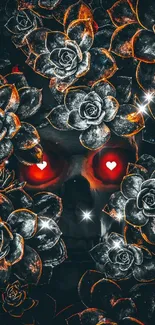 Gothic skull with red eyes surrounded by dark flowers.