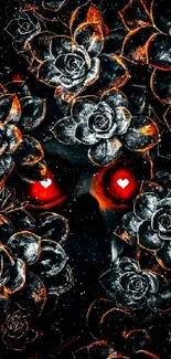 Gothic floral skull with red glowing eyes on a black background.