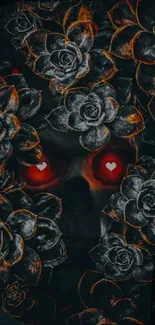 Gothic skull with red eyes and floral design for mobile wallpaper.