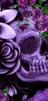 Purple floral skull with roses wallpaper