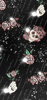 Gothic floral skull wallpaper with roses and stars on a dark background.