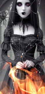 Gothic themed mobile wallpaper featuring a ghostly woman and spider web design.