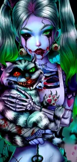 Gothic girl with eerie cat, vibrant neon art wallpaper.