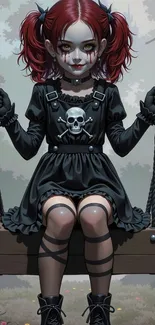 Gothic girl with red hair and black dress on a swing.