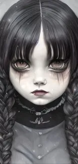 Gothic girl with braided hair and haunting eyes on a gray background.