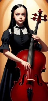 Gothic girl holding a cello with a warm background.