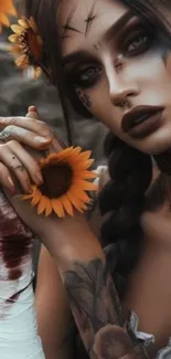 Gothic girl with dark hair surrounded by vibrant sunflowers.