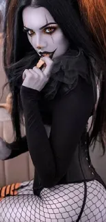 Gothic character holding cotton candy with dark makeup and orange highlights.