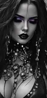 Gothic style woman with dark makeup and elaborate jewelry.