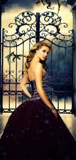 Gothic glamour fantasy scene with elegant gown before majestic gates.