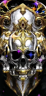 Intricate gold-accented gothic skull art wallpaper.