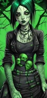 Gothic green-haired anime character with skulls and dark trees background.