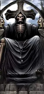 Gothic artwork featuring a Grim Reaper on a throne with skulls and chains.