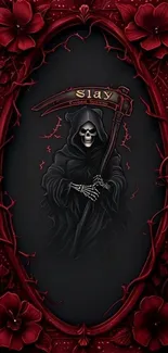 Gothic Grim Reaper framed by red flowers.