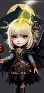 Gothic character with moon and lightning in a Halloween theme.